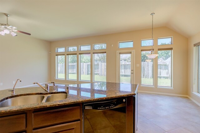 16007 Angler Bend Dr, Houston, TX 77044 - kitchen with pendant lighting, ceiling fan, light tile patterned floors, black dishwasher, and a sink