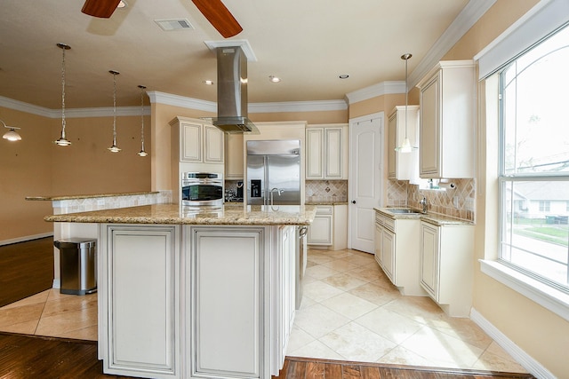 kitchen with appliances with stainless steel finishes, island exhaust hood, visible vents, a healthy amount of sunlight, and a sink