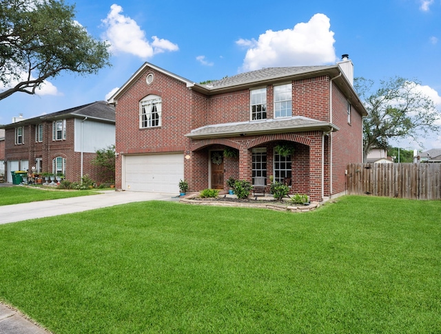 traditional home with a chimney, brick siding, fence, a garage, and concrete driveway