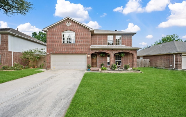 4309 Kingfish Dr, Seabrook, TX 77586 - traditional-style house with brick siding, an attached garage, concrete driveway, and a porch