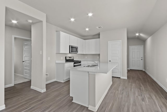 kitchen featuring stainless steel appliances, a sink, visible vents, wood finished floors, and light countertops