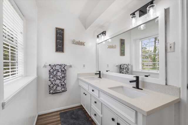 9203 Mauna Loa Ln, Houston, TX 77040 - bathroom featuring double vanity, baseboards, a sink, and wood finished floors