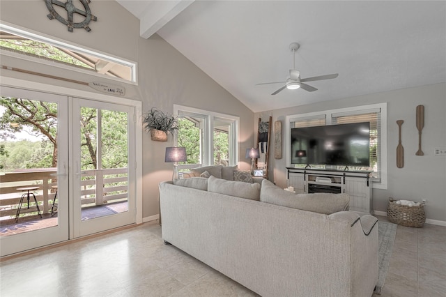 101 Tony Ln, Huntsville, TX 77320 - living room featuring light tile patterned flooring, beamed ceiling, a ceiling fan, and a wealth of natural light