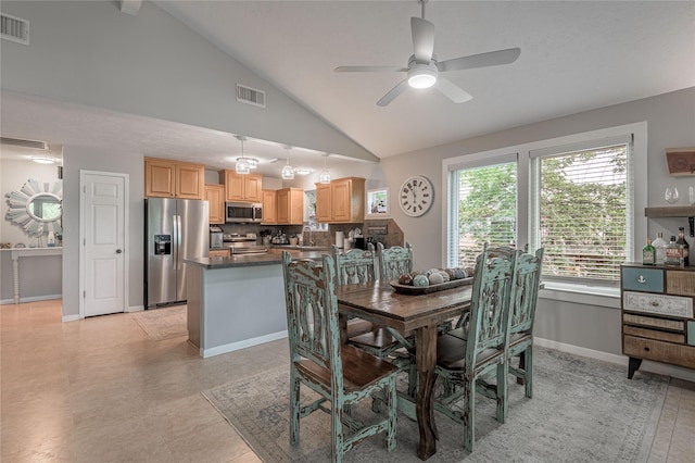 101 Tony Ln, Huntsville, TX 77320 - dining space with visible vents, ceiling fan, and lofted ceiling