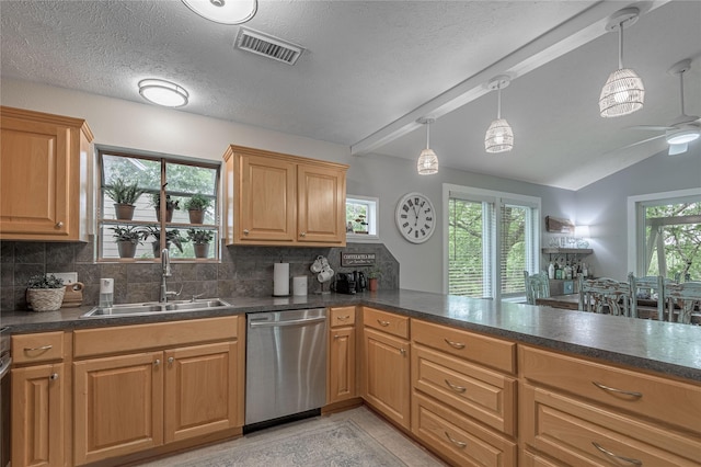 101 Tony Ln, Huntsville, TX 77320 - kitchen with tasteful backsplash, stainless steel dishwasher, a sink, visible vents, and lofted ceiling