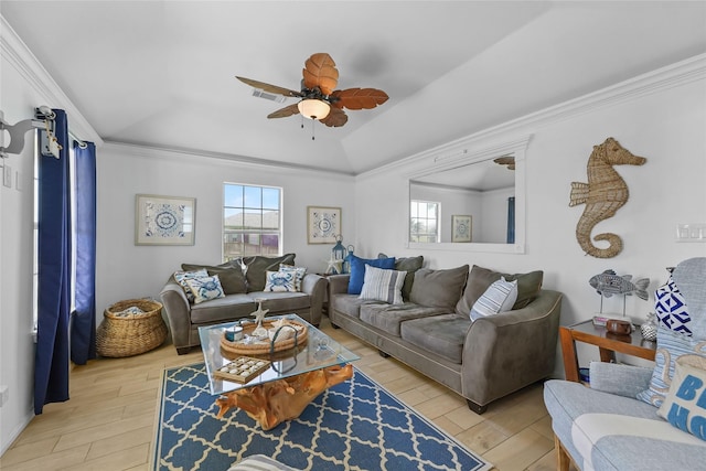 1014 Blue Water Hwy, Surfside Beach, TX 77541 - living room featuring light wood-type flooring, ceiling fan, ornamental molding, and visible vents