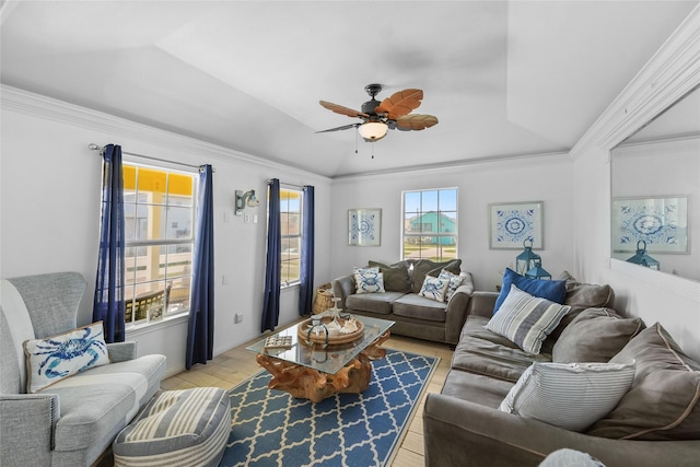 1014 Blue Water Hwy, Surfside Beach, TX 77541 - living room with ornamental molding, a ceiling fan, light wood-style floors, and lofted ceiling