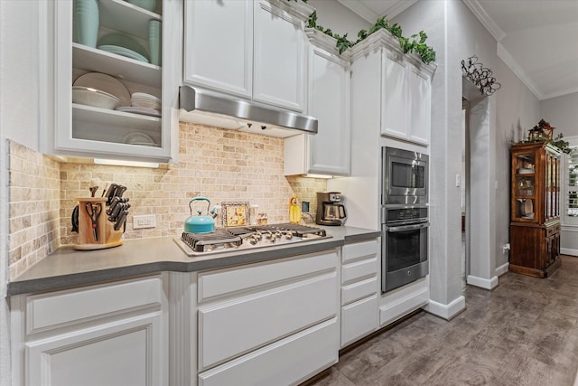 137 Gray Vervain Ct, Montgomery, TX 77316 - kitchen featuring tasteful backsplash, ornamental molding, appliances with stainless steel finishes, and under cabinet range hood