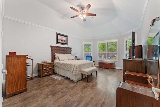 137 Gray Vervain Ct, Montgomery, TX 77316 - bedroom featuring lofted ceiling, wood finished floors, visible vents, a ceiling fan, and crown molding