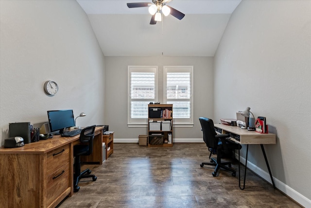137 Gray Vervain Ct, Montgomery, TX 77316 - home office featuring vaulted ceiling, dark wood-style flooring, baseboards, and ceiling fan