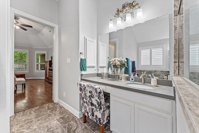 137 Gray Vervain Ct, Montgomery, TX 77316 - full bath with lofted ceiling, a ceiling fan, vanity, ornamental molding, and baseboards