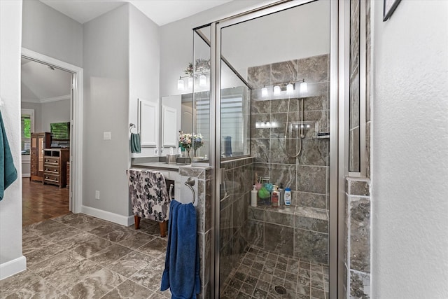137 Gray Vervain Ct, Montgomery, TX 77316 - bathroom featuring baseboards, vanity, tile patterned flooring, and a stall shower