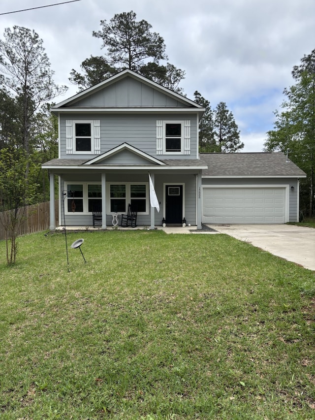 15888 Chestnut Dr, Montgomery, TX 77356 - traditional home with driveway, an attached garage, a front yard, a porch, and fence