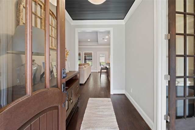 1858 Stoney Brook Ct, Conroe, TX 77304 - hallway featuring ornamental molding, baseboards, dark wood-style floors, and recessed lighting