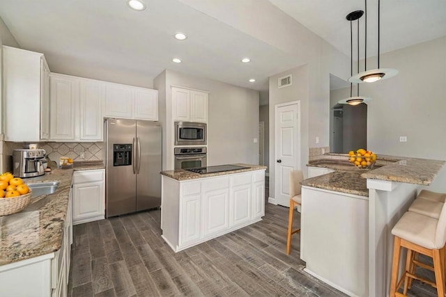 kitchen featuring light stone countertops, dark wood-style flooring, visible vents, and stainless steel appliances