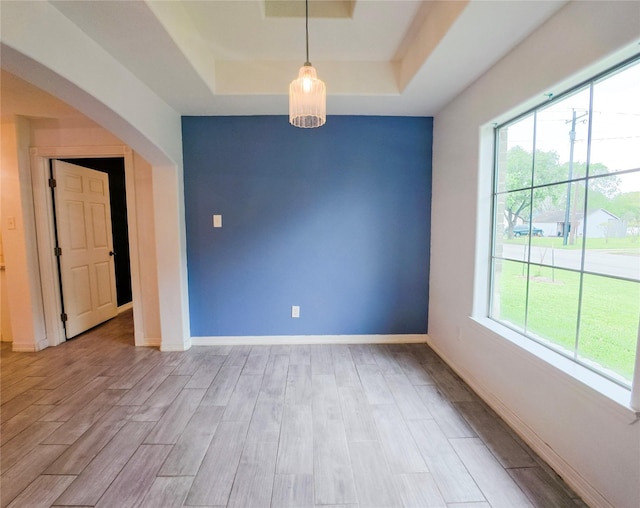 empty room featuring light wood-type flooring, baseboards, a raised ceiling, and a healthy amount of sunlight