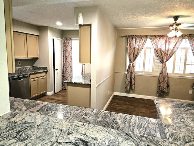 kitchen with dishwasher, baseboards, a ceiling fan, and dark wood-style flooring