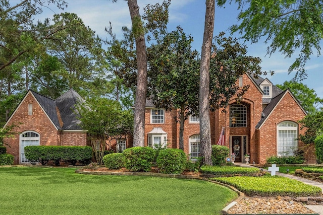 view of front of house featuring a shingled roof, brick siding, and a front lawn