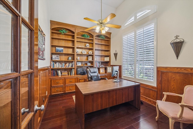 office area with a ceiling fan, dark wood-style floors, wooden walls, and wainscoting