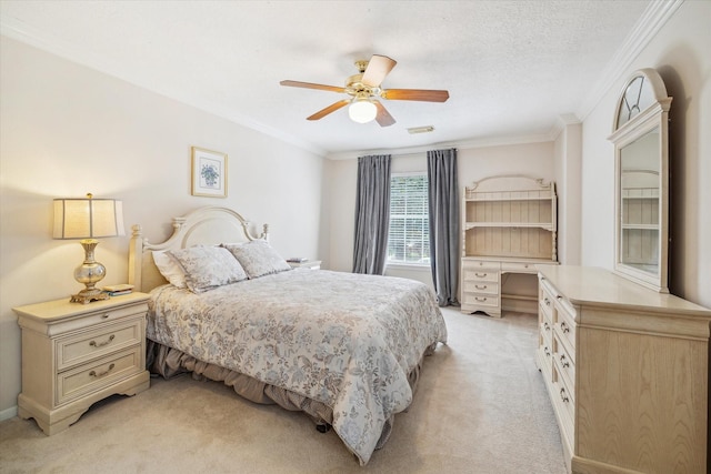 bedroom featuring light carpet, visible vents, crown molding, and ceiling fan