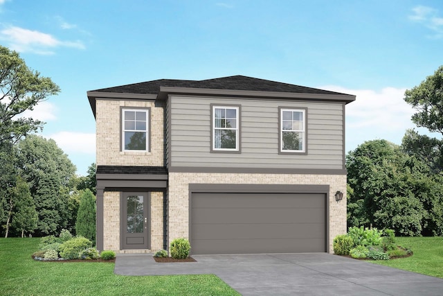 8425 Sweet Cherry Ln, Magnolia, TX 77354 - view of front facade featuring a front yard, an attached garage, brick siding, driveway, and roof with shingles