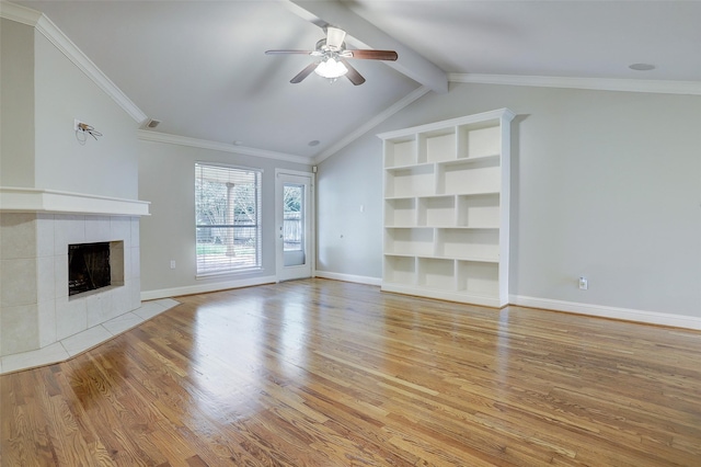 2510 Cobble Ridge Dr, Sugar Land, TX 77498 - unfurnished living room featuring light wood-style flooring, ceiling fan, a fireplace, baseboards, and ornamental molding