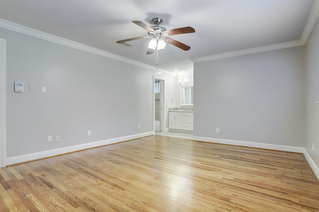 2510 Cobble Ridge Dr, Sugar Land, TX 77498 - spare room featuring ceiling fan, light wood-type flooring, baseboards, and ornamental molding