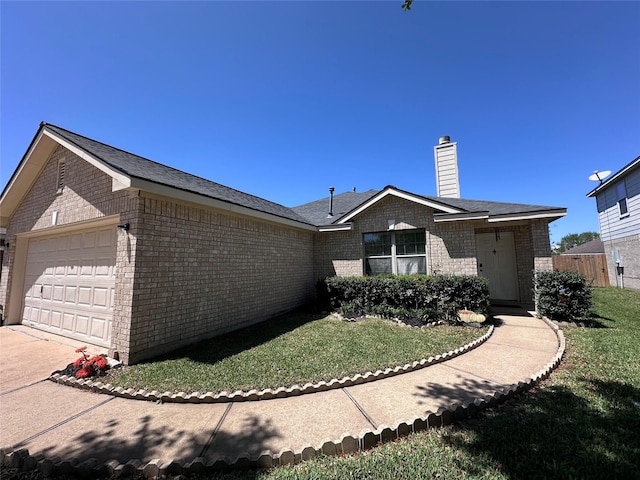 ranch-style house with a front lawn, a chimney, fence, brick siding, and a garage