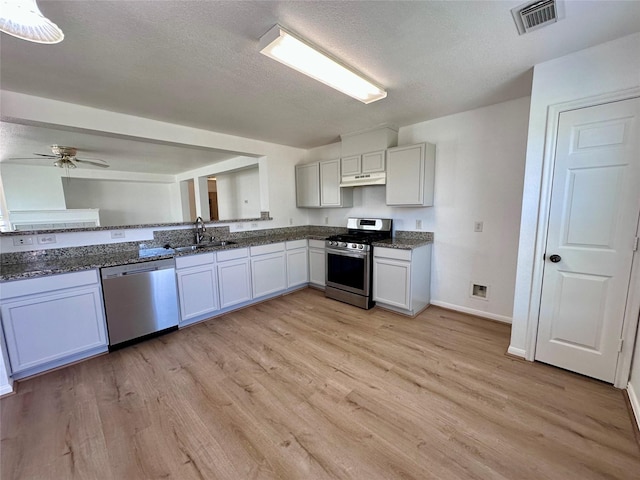 kitchen with light wood finished floors, under cabinet range hood, visible vents, a sink, and appliances with stainless steel finishes
