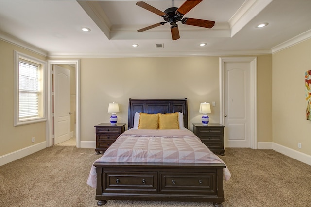 carpeted bedroom with visible vents, ornamental molding, a raised ceiling, and recessed lighting