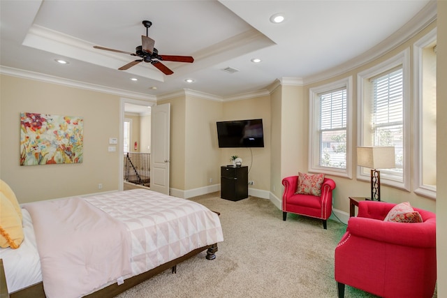 bedroom featuring crown molding, recessed lighting, carpet, and a raised ceiling