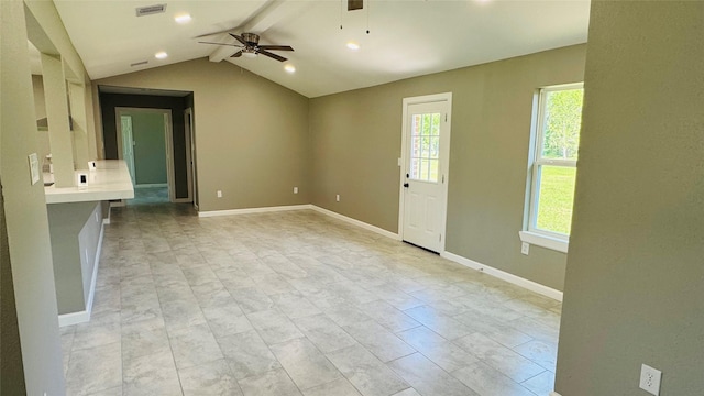 1434 County Road 878a, Sweeny, TX 77480 - unfurnished living room featuring a ceiling fan, vaulted ceiling, recessed lighting, and baseboards