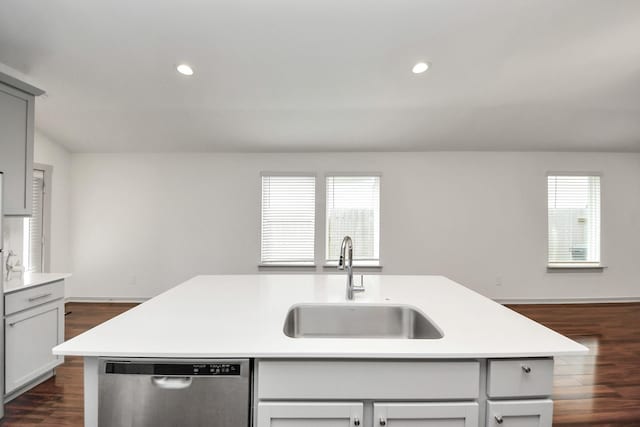 2906 Chase Cross Ln, Houston, TX 77047 - kitchen featuring dishwasher, a sink, light countertops, dark wood-type flooring, and recessed lighting
