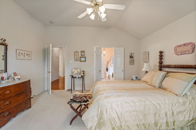 225 Mesa Vw, Montgomery, TX 77316 - bedroom with vaulted ceiling, light carpet, and ceiling fan