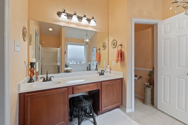 225 Mesa Vw, Montgomery, TX 77316 - bathroom with a shower stall, tile patterned flooring, and double vanity