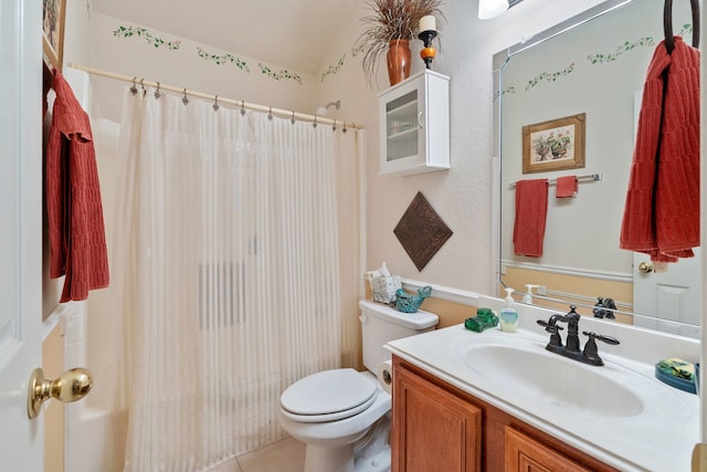 225 Mesa Vw, Montgomery, TX 77316 - full bathroom with toilet, vaulted ceiling, vanity, a shower with shower curtain, and tile patterned flooring