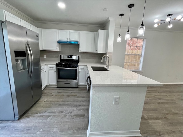 kitchen with a sink, ornamental molding, a peninsula, under cabinet range hood, and stainless steel appliances