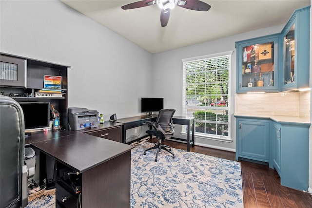 18023 Channel Hill Dr, Cypress, TX 77433 - office space featuring ceiling fan, dark wood-style flooring, and vaulted ceiling