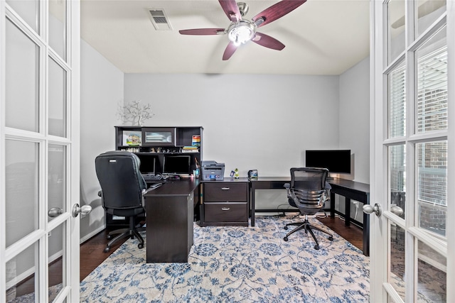 18023 Channel Hill Dr, Cypress, TX 77433 - home office featuring french doors, wood finished floors, and a ceiling fan
