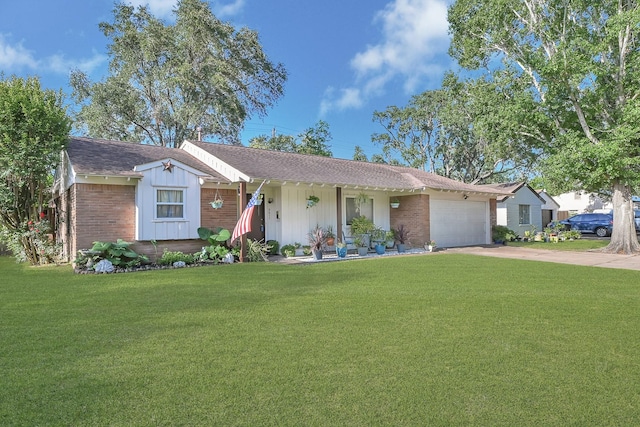 ranch-style house featuring brick siding, an attached garage, a front lawn, a shingled roof, and concrete driveway