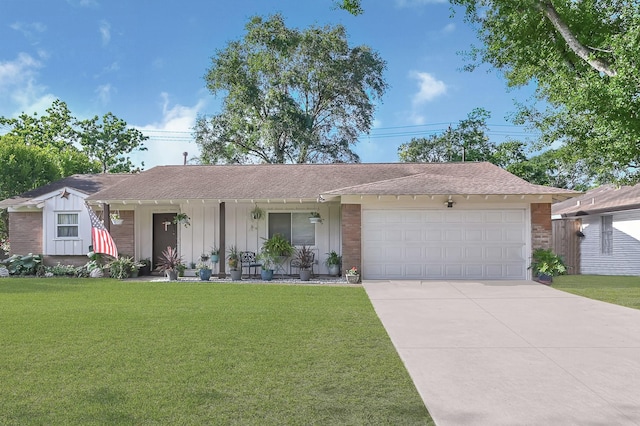 ranch-style house with an attached garage, roof with shingles, a front yard, and concrete driveway