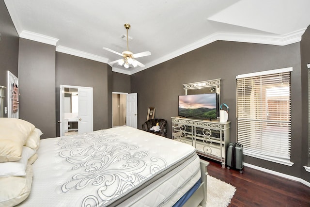 bedroom with wood finished floors, ornamental molding, lofted ceiling, and ceiling fan