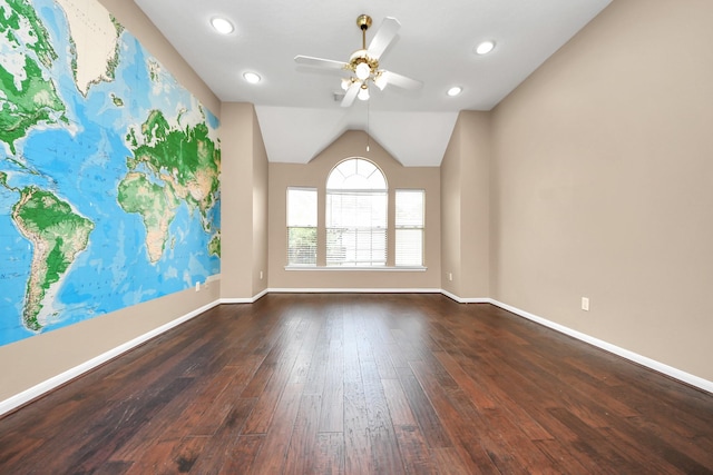 unfurnished room with hardwood / wood-style floors, ceiling fan, lofted ceiling, baseboards, and recessed lighting