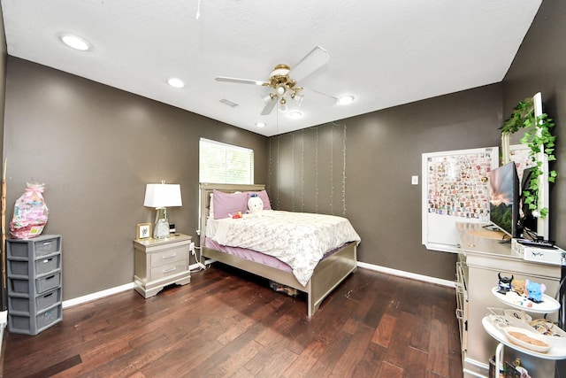 bedroom with dark wood finished floors, baseboards, a ceiling fan, and recessed lighting