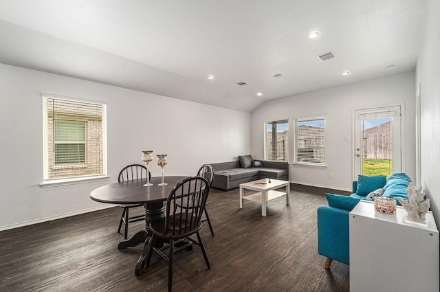 22435 Forest Gorge Ln, Spring, TX 77373 - dining room with dark wood finished floors, baseboards, recessed lighting, and lofted ceiling