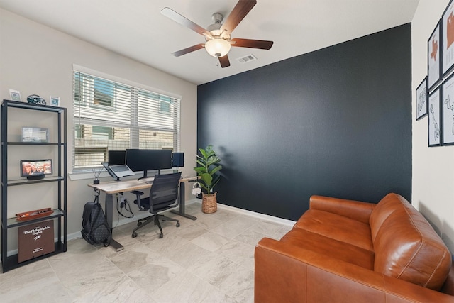 908 Newport Creek Dr, Katy, TX 77493 - office area featuring visible vents, baseboards, and a ceiling fan