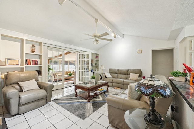 5347 Inwood Dr, Katy, TX 77493 - living area featuring built in features, light tile patterned floors, a ceiling fan, a textured ceiling, and vaulted ceiling with beams