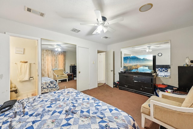 5347 Inwood Dr, Katy, TX 77493 - bedroom with carpet flooring, visible vents, a ceiling fan, and connected bathroom