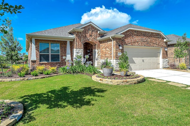 ranch-style home with a garage, roof with shingles, a front yard, brick siding, and driveway