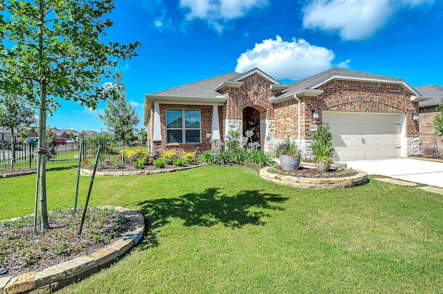 view of front of house with driveway, an attached garage, a front lawn, brick siding, and fence